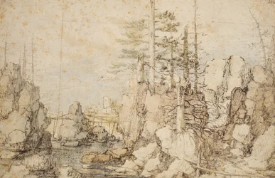 Bewaldete und felsige Landschaft, ca. 1606-07